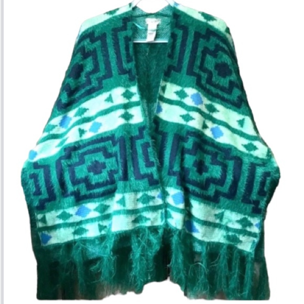 SALEπFree People Diamondback Cozy Sweater Kimono Poncho Emerald Green Aztec - Picture 5 of 13